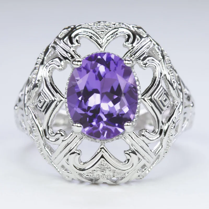 women’s solitaire rings -AMETHYST STERLING SILVER RING VINTAGE STYLE OVAL CUT GEMSTONE FILIGREE COCKTAIL