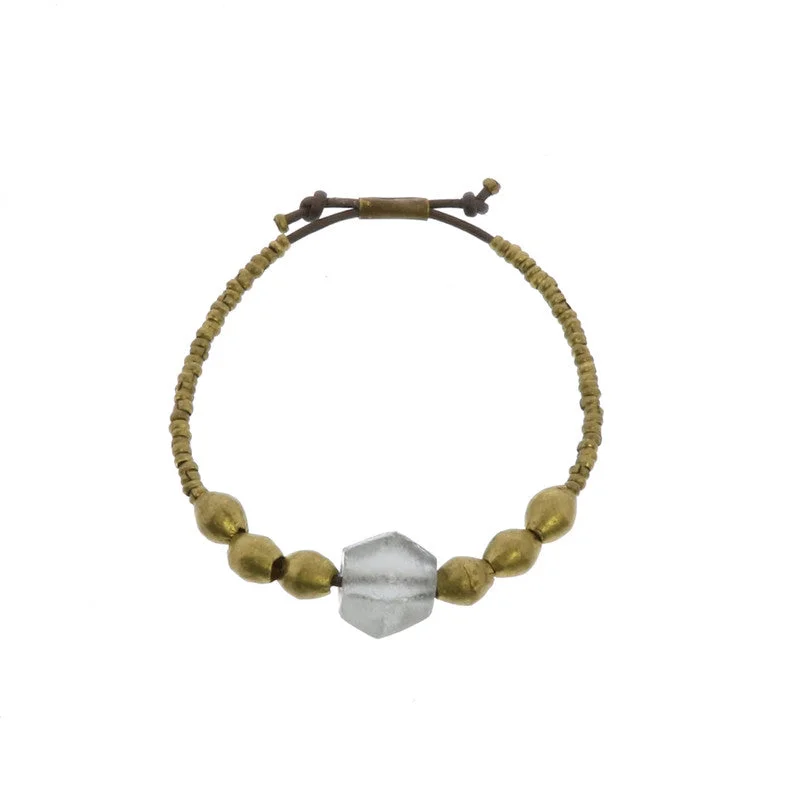 trendy cuff bracelets for women -Seaglass Beaded Brass Bracelet-Grey