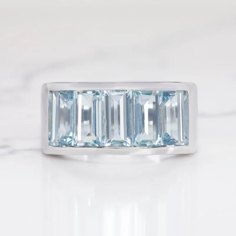 luxury rings for women -NATURAL 3.5 CARAT AQUAMARINE COCKTAIL RING WIDE BAND 14K WHITE GOLD BAGUETTE CUT