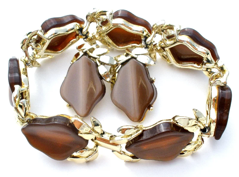 affordable bangles and bracelets for women -Brown Thermoset Leaf Bracelet & Earrings Vintage