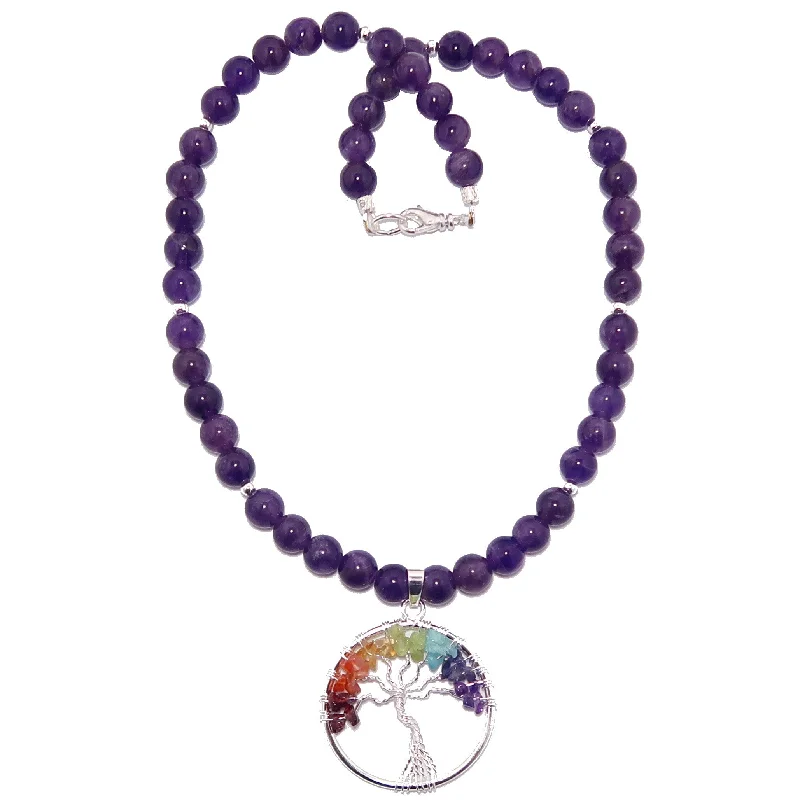 women’s dainty necklaces -Amethyst Necklace Chakra Tree of Life Rainbow Stones