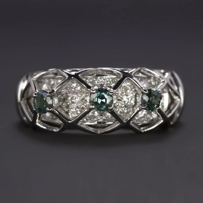 women’s custom rings with initials -DIAMOND ALEXANDRITE PLATINUM COCKTAIL RING WIDE BAND TEAL COLOR CHANGE NATURAL