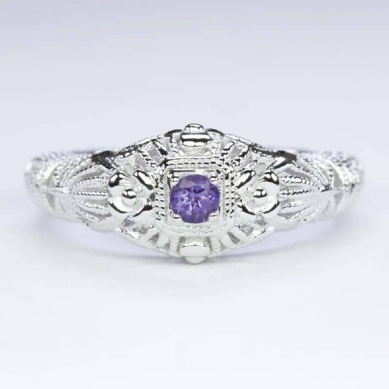 women’s rings -AMETHYST VINTAGE STYLE COCKTAIL RING STERLING SILVER FILIGREE ROUND CUT PURPLE