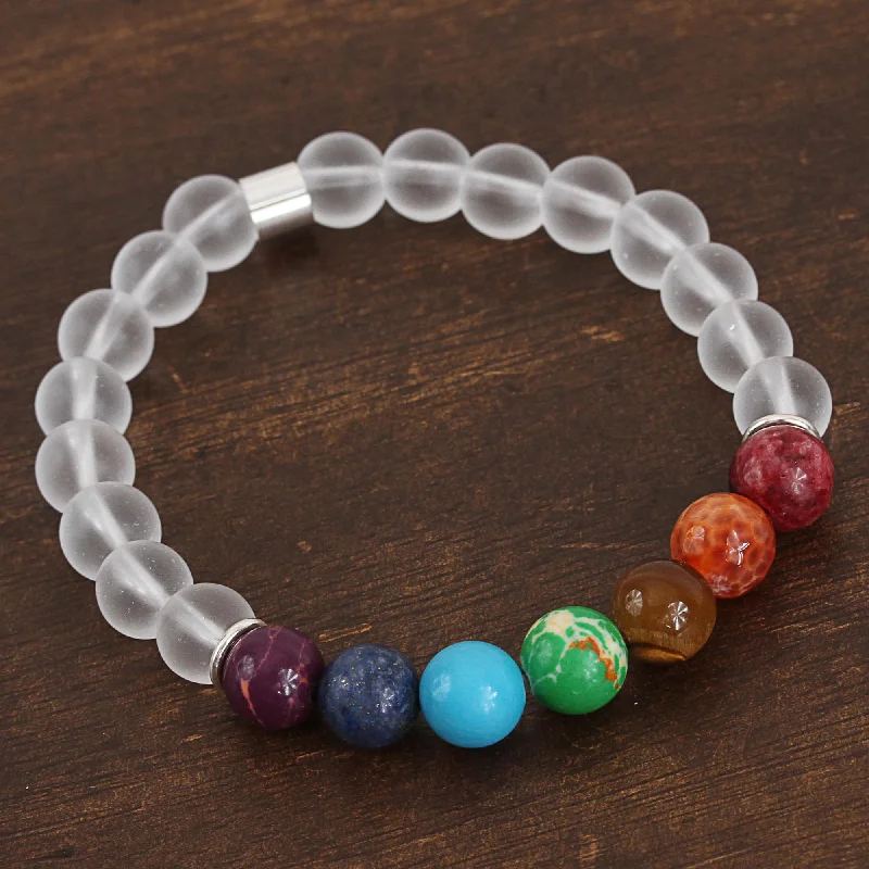 unique bangles for women -Seven Chakras in White Agate and Tiger's Eye Chakra Bracelet in White from Mexico