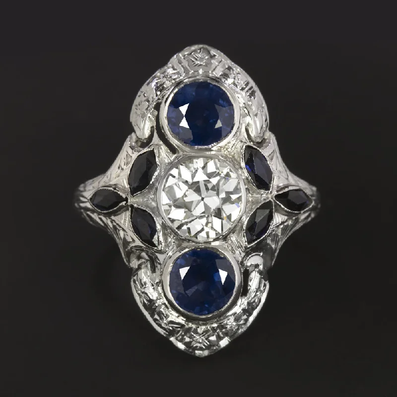 women’s twisted rings -ART DECO DIAMOND SAPPHIRE RING 0.90ct OLD EUROPEAN CUT 18k WHITE GOLD VINTAGE