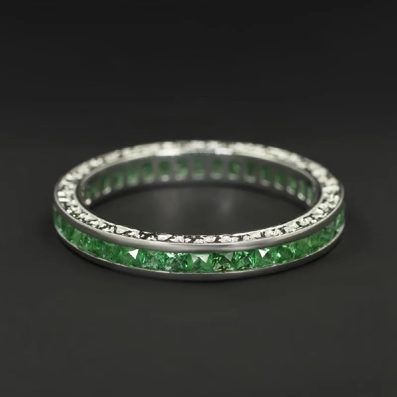 women’s twisted rings -ART DECO STYLE EMERALD ETERNITY RING WEDDING BAND 14k WHITE GOLD FRENCH CUT