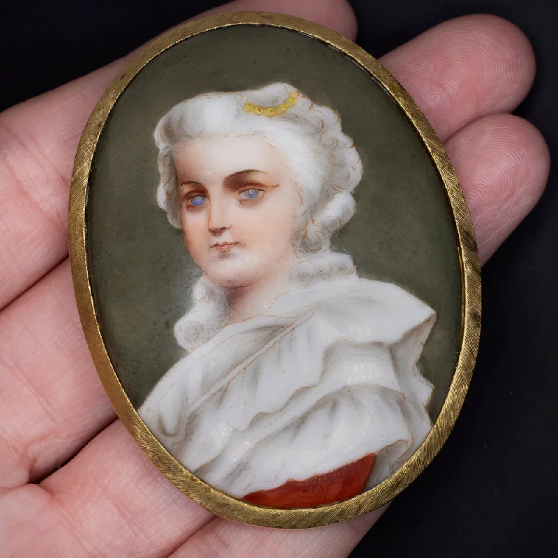 elegant rings for women -HAND PAINTED VINTAGE PORTRAIT PENDANT 14K YELLOW GOLD FLORENTINE NECKLACE CAMEO