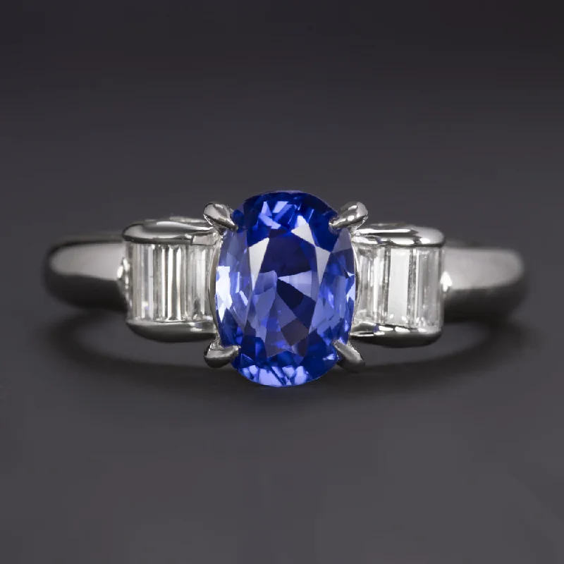 women’s simple wedding rings -1.95ct SAPPHIRE DIAMOND COCKTAIL RING PLATINUM OVAL SHAPE NATURAL BAGUETTE CUT