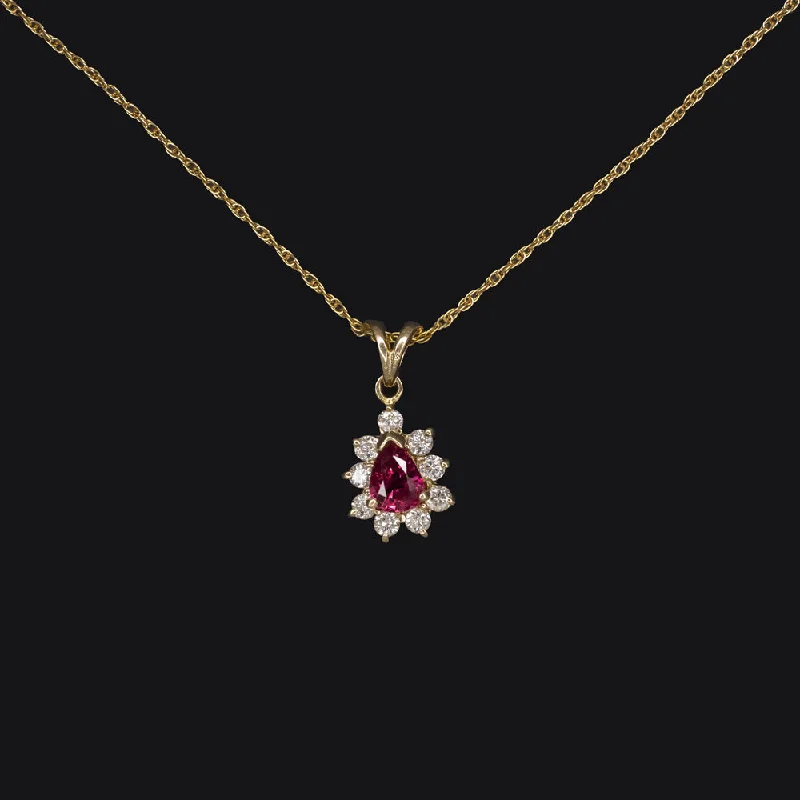 women’s unique engagement rings -RUBY DIAMOND PENDANT NECKLACE 14k YELLOW GOLD PEAR SHAPE HALO NATURAL TEARDROP