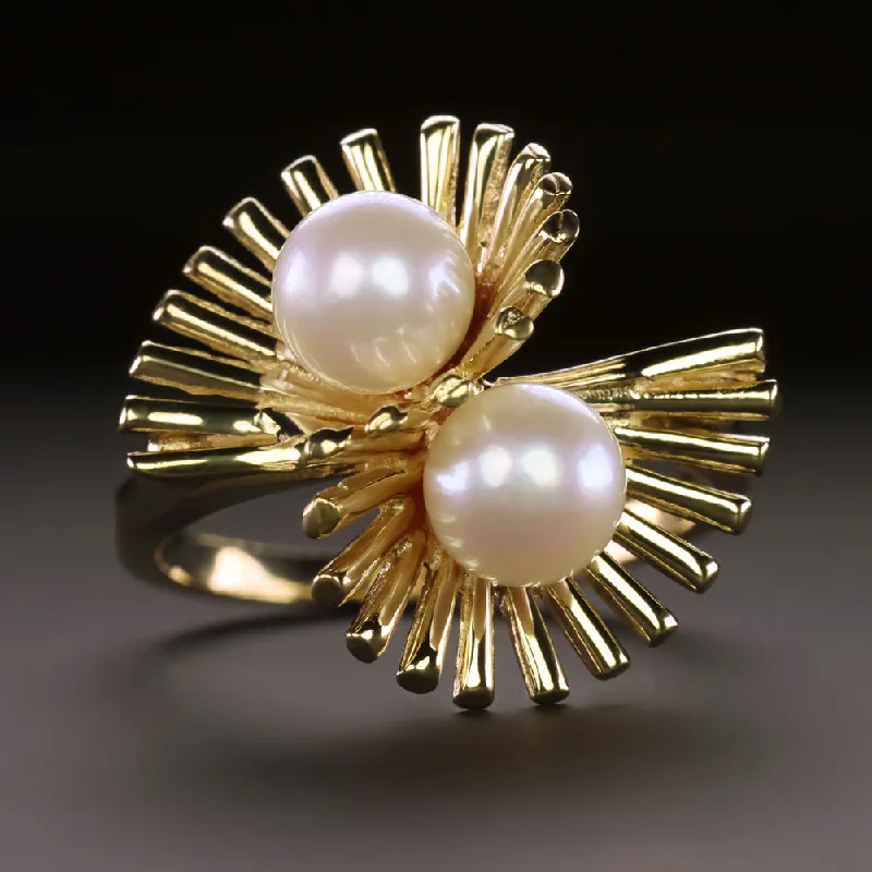 women’s designer rings -PEARL 14k YELLOW GOLD COCKTAIL RING TOI ET MOI STATEMENT BIG MID CENTURY ESTATE