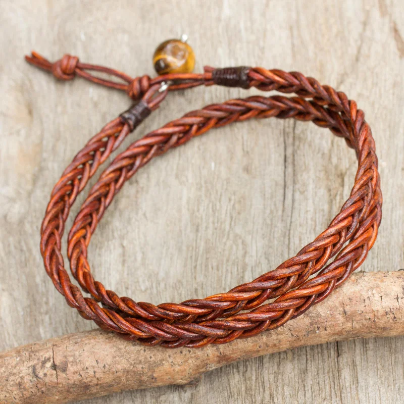 boho bangles for women -Double Cinnamon Leather Men's Wrap Bracelet