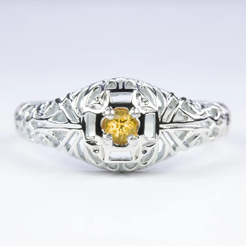 women’s custom birthstone rings -CITRINE VINTAGE STYLE COCKTAIL RING STERLING SILVER DAINTY FILIGREE ROUND YELLOW