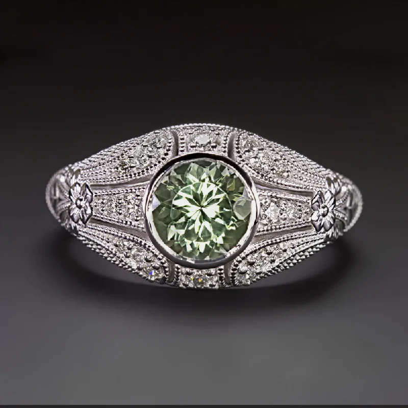 luxury solitaire rings for women -GREEN TOURMALINE DIAMOND VINTAGE STYLE COCKTAIL RING DOME FLORAL 14k WHITE GOLD