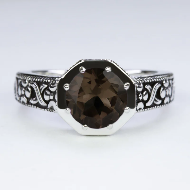 custom rings for women -SMOKY QUARTZ STERLING SILVER RING VINTAGE STYLE ROUND CUT ART DECO GEMSTONE