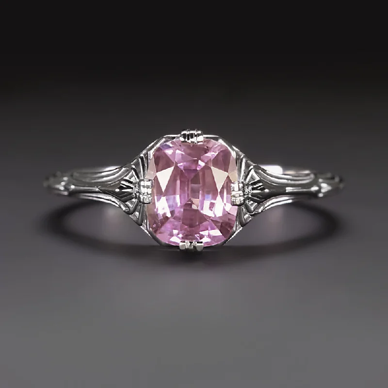 women’s custom rings with initials -1ct PINK SAPPHIRE VINTAGE STYLE SOLITAIRE RING 14k WHITE GOLD FILIGREE NATURAL