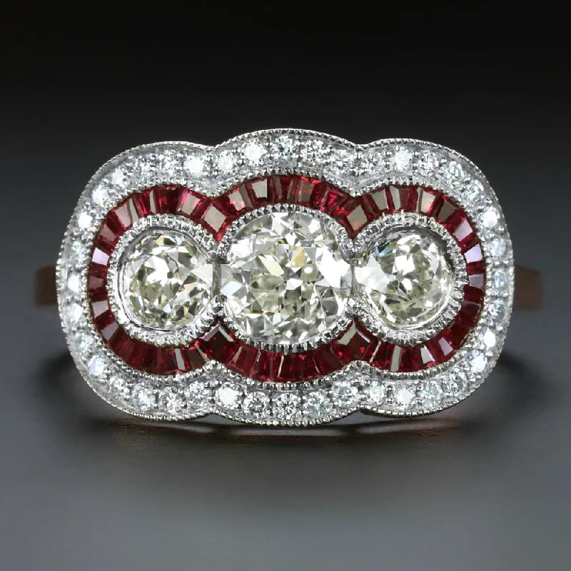 women’s wedding ring sets -1.83c OLD EUROPEAN CUT DIAMOND RUBY RING VINTAGE STYLE THREE STONE HALO ART DECO