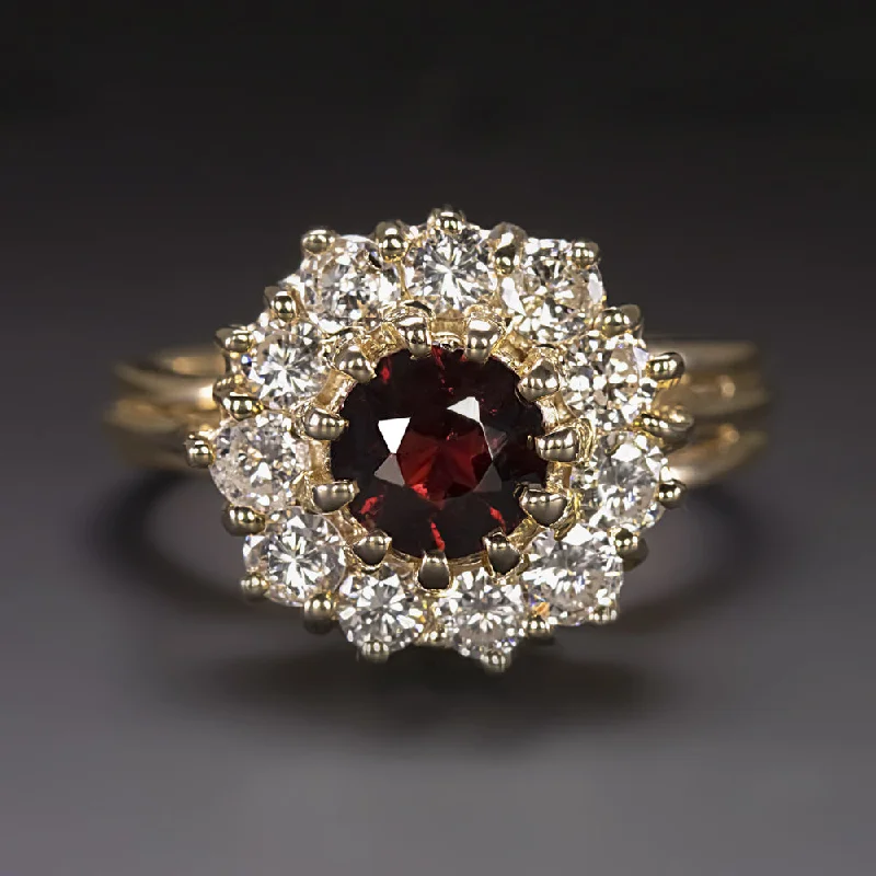 women’s antique rings -GARNET DIAMOND COCKTAIL RING 14k YELLOW GOLD HALO CLUSTER RED ROUND CUT NATURAL