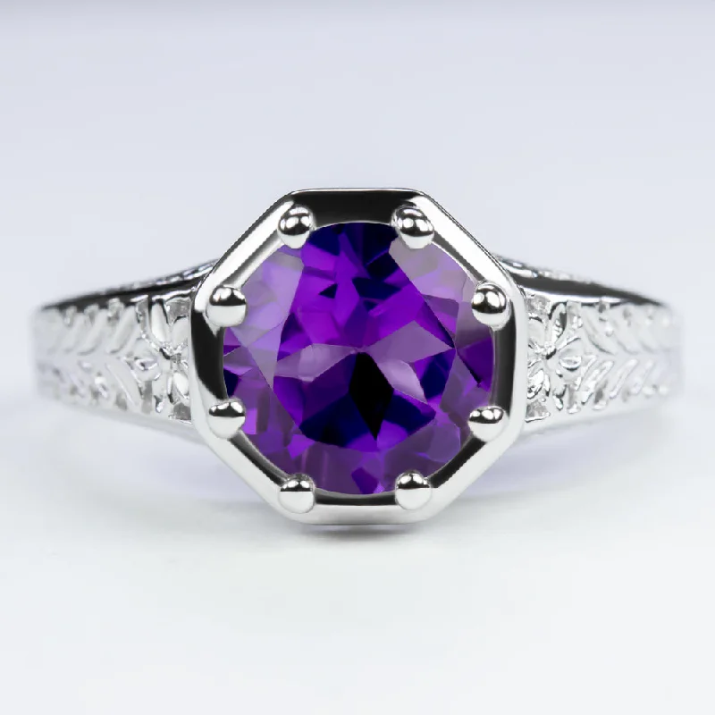 women’s stacked gemstone rings -AMETHYST STERLING SILVER RING VINTAGE STYLE ART DECO SOLITAIRE ROUND CUT PURPLE