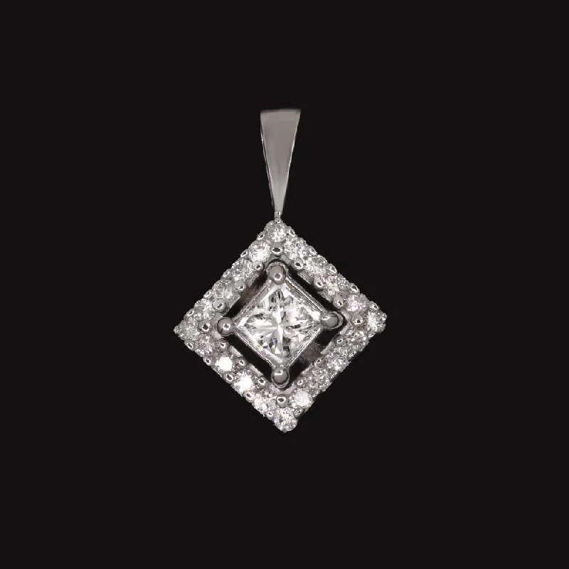 vintage engagement rings for women -PRINCESS CUT DIAMOND HALO PENDANT NATURAL 14k WHITE GOLD SQUARE SHAPE NECKLACE