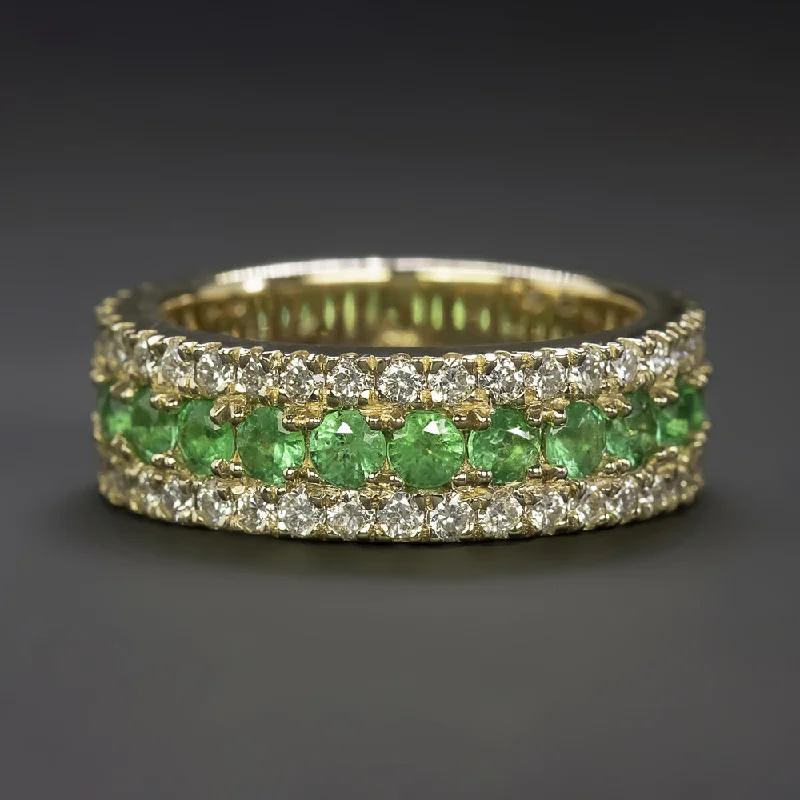 women’s pink diamond rings -EMERALD DIAMOND 3 ROW WIDE BAND NATURAL 14k YELLOW GOLD NATURAL COCKTAIL RING