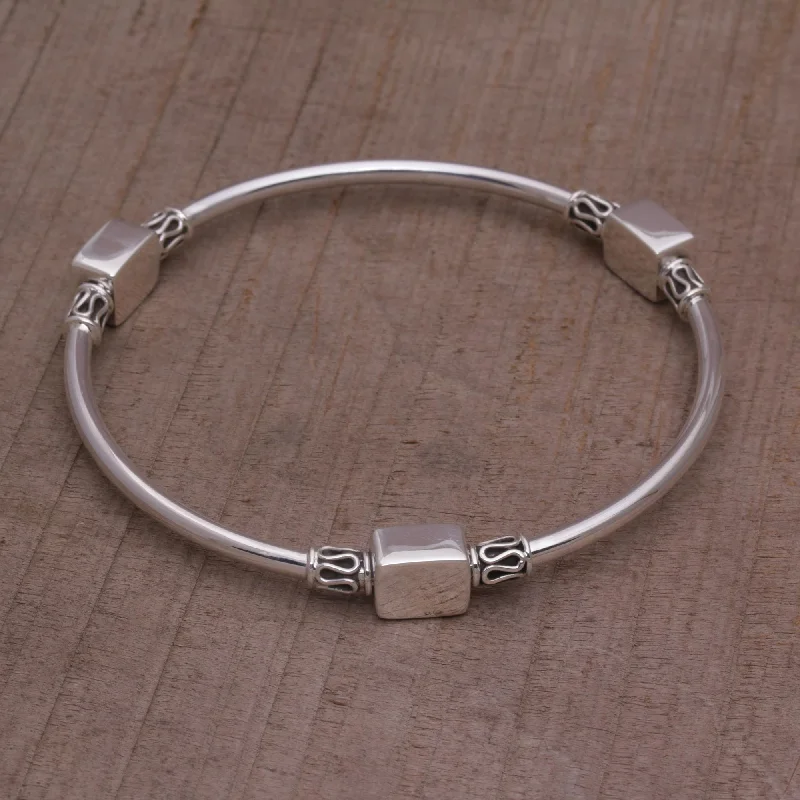 bohemian bangles for women -Square Reflection Silver Bangle Bracelet