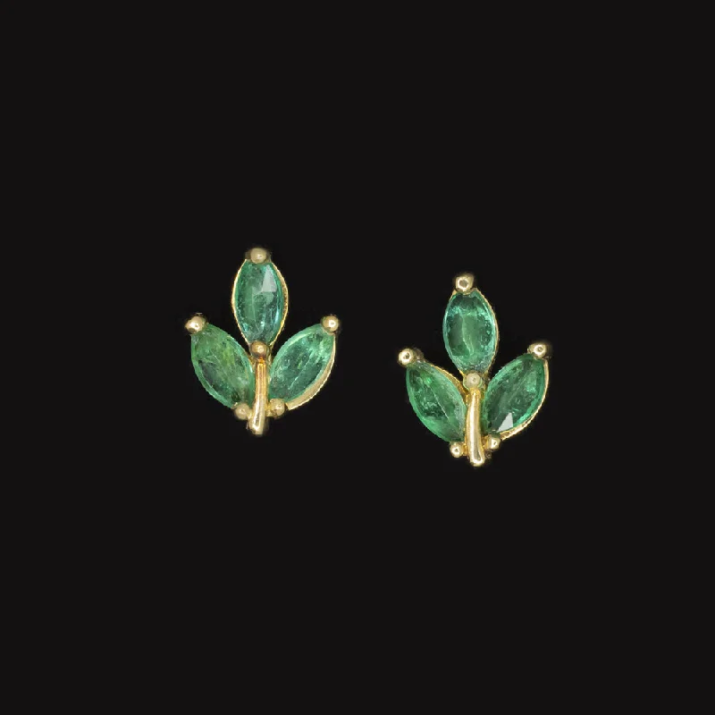 women’s gold engagement rings -NATURAL EMERALD 18k YELLOW GOLD STUD EARRINGS GREEN MARQUISE LEAF SPROUT PLANT