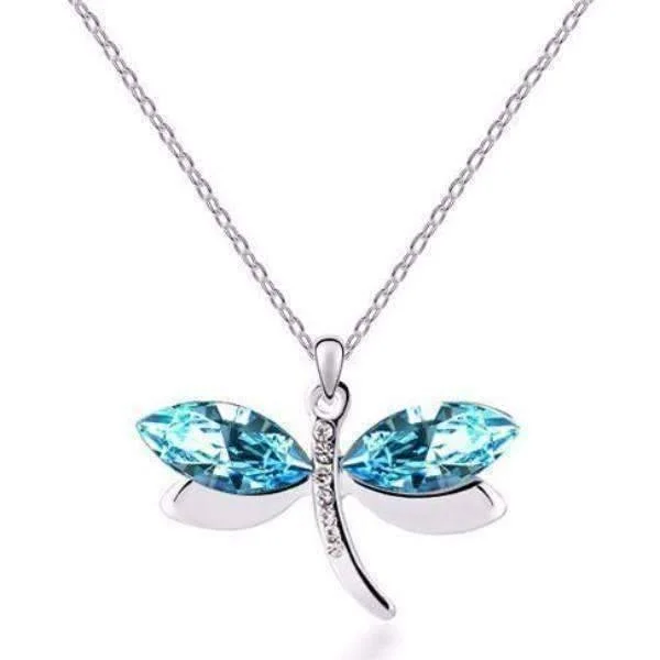 women’s boho-style necklaces -Blue Winged Austrian Crystal Dragonfly Necklace