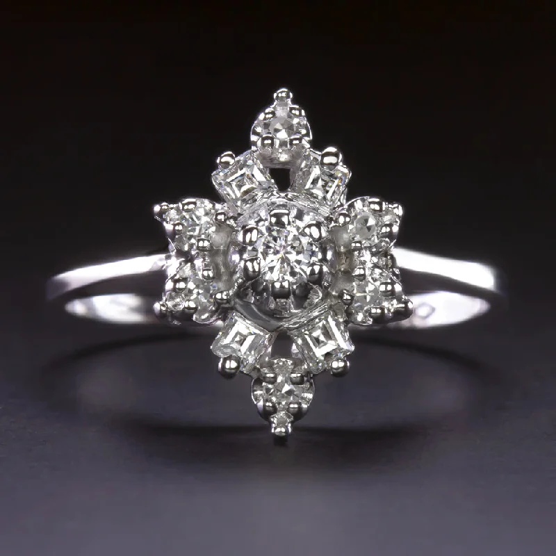 women’s silver promise rings -VINTAGE NATURAL DIAMOND CLUSTER RING 14k WHITE GOLD CARRE CUT COCKTAIL ESTATE