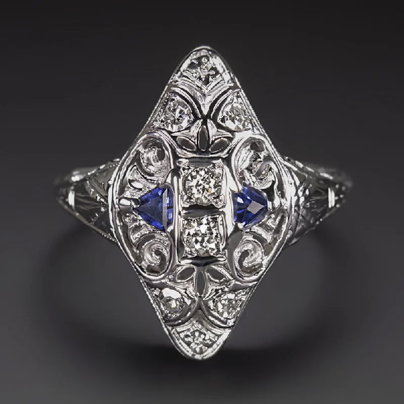 women’s promise rings -VINTAGE DIAMOND SAPPHIRE COCKTAIL RING ART DECO 14k WHITE GOLD NAVETTE FILIGREE