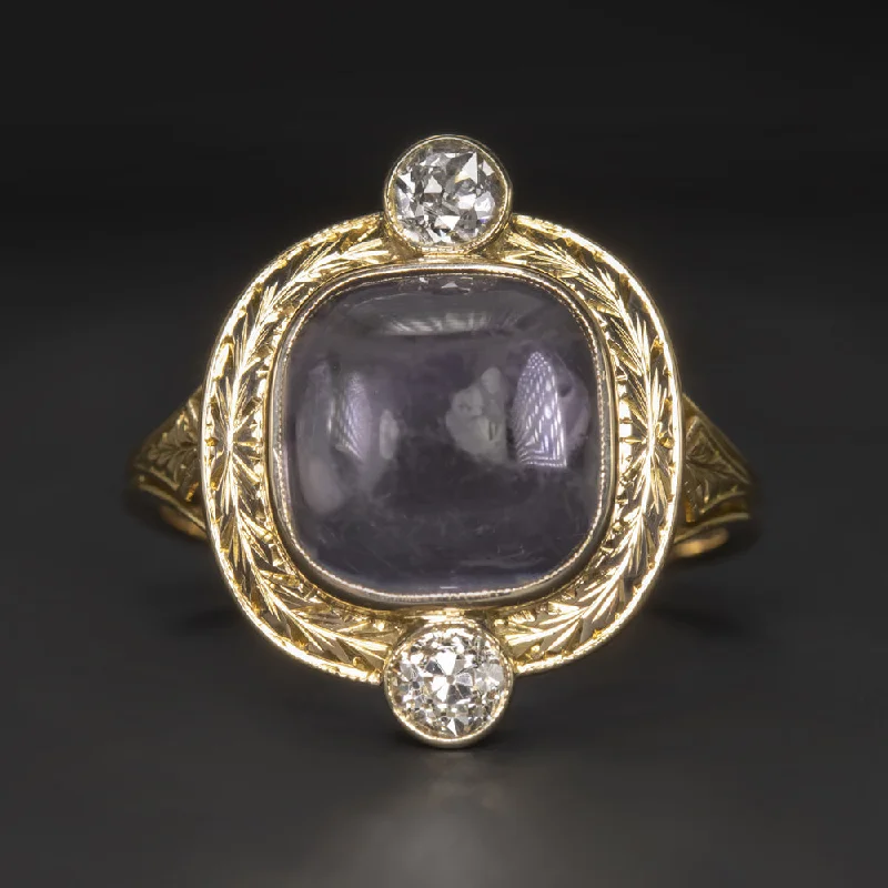 diamond rings for women -VINTAGE AMETHYST DIAMOND COCKTAIL RING HAND ENGRAVED 14k YELLOW GOLD CABOCHON