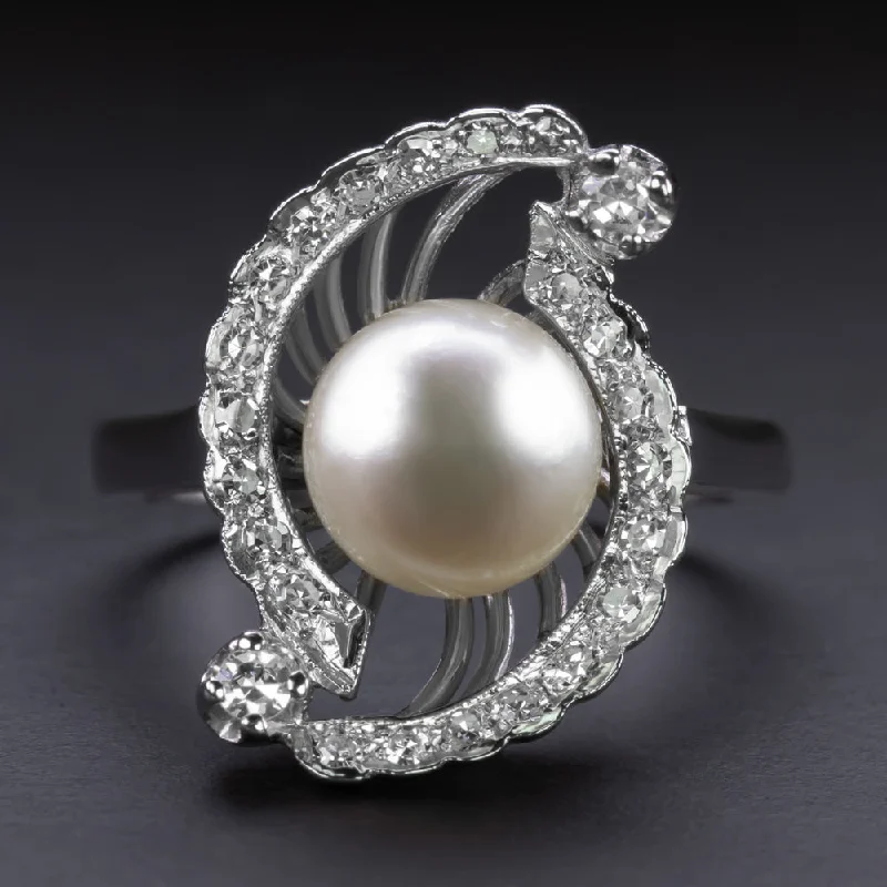 women’s elegant diamond rings -VINTAGE PEARL DIAMOND CLUSTER RING MID CENTURY COCKTAIL 14k WHITE GOLD NATURAL