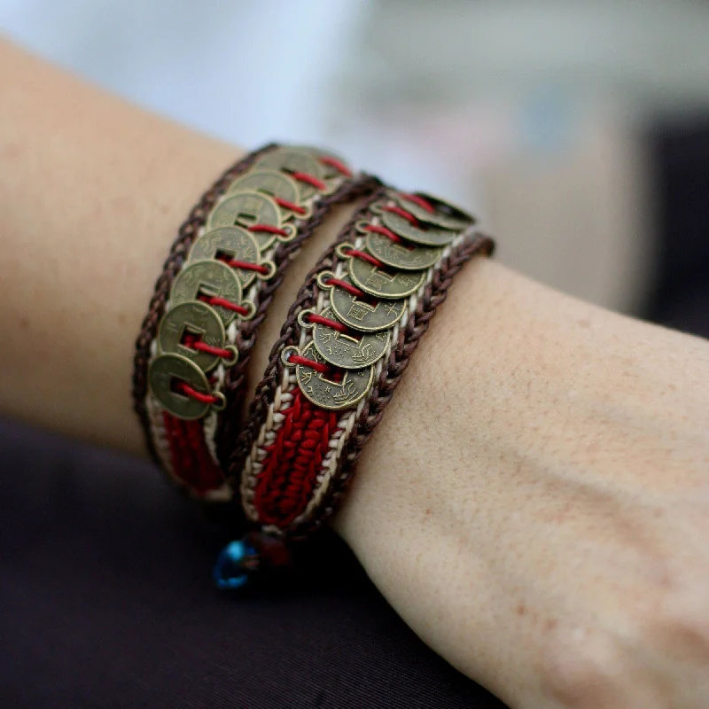 stackable bracelets for women -Coin & Wood Wristband Bracelets