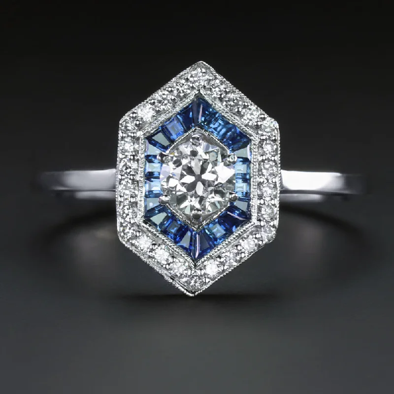 women’s unique engagement rings -DIAMOND SAPPHIRE ART DECO STYLE COCKTAIL RING HEXAGON DOUBLE HALO 14k WHITE GOLD