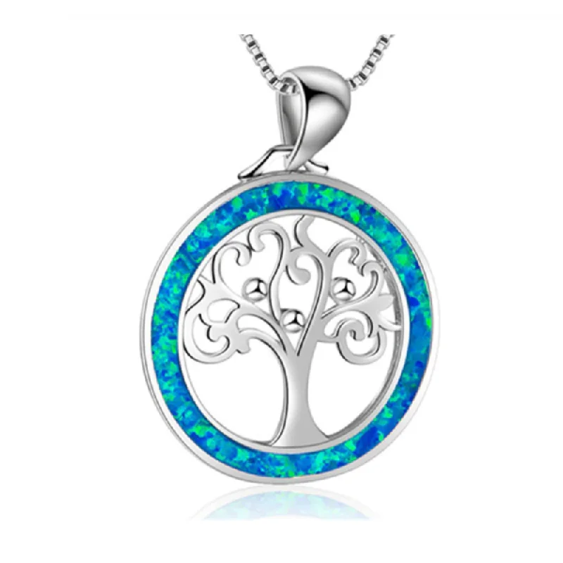 women’s statement chain necklaces -Artisan Opal Blue Tree Of Life Enamel Pendant Necklace for Women