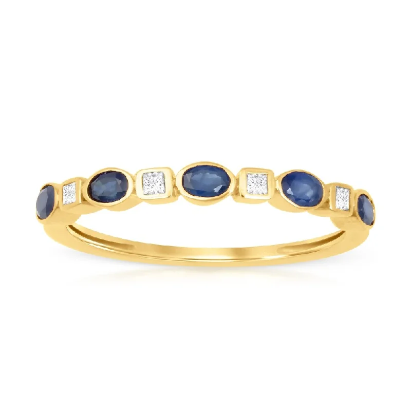 women’s wedding engagement ring bands -Oval Cut Sapphire Gemstone 1/10ct TDW Diamond Band in Yellow Gold Plated Silver