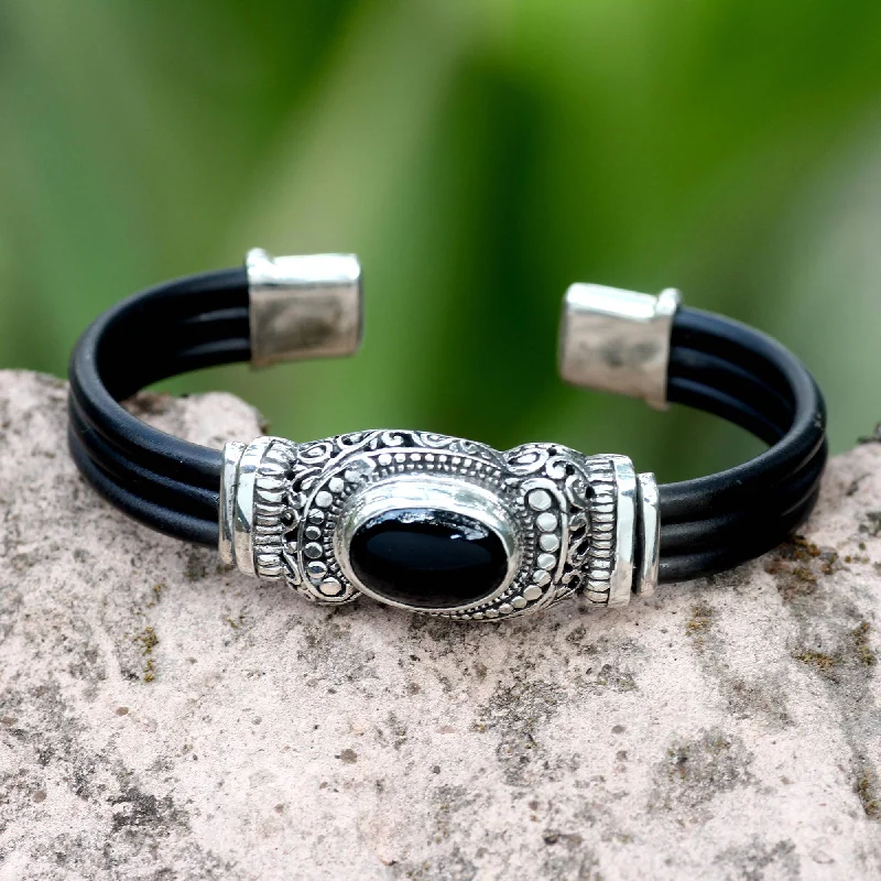 pearl bracelets for women -Royal Splendor Onyx Silver & Rubber Cuff Bracelet