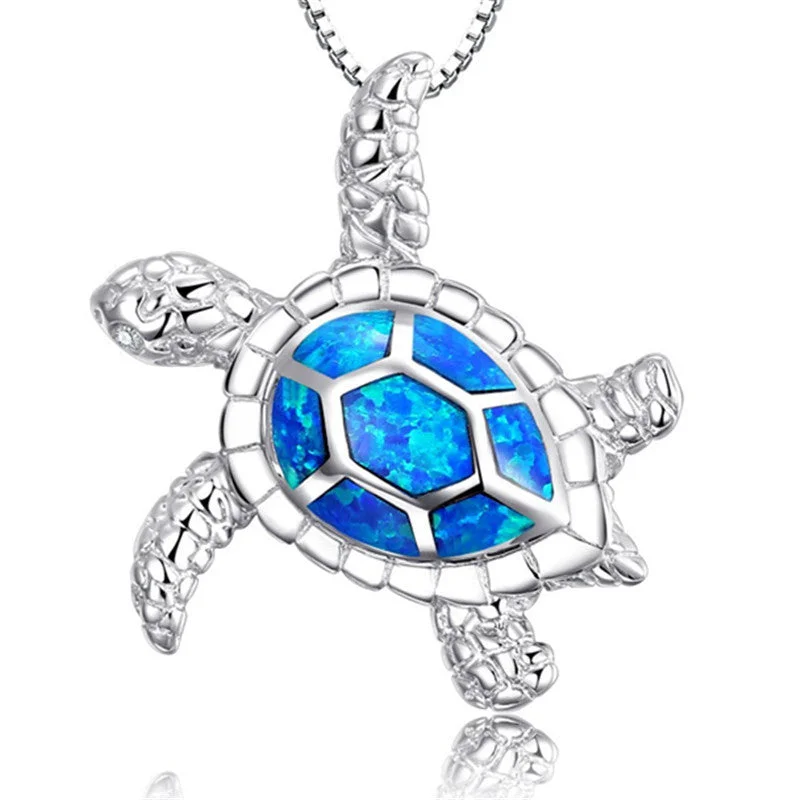 women’s ruby necklaces -14K White Gold Plated Deep Blue Sea Turtle Animal Frog Crab Cat Heart Opal Blue Enamel Cz Pendant Necklace for Woman Special Occasion Birthdays Holidays