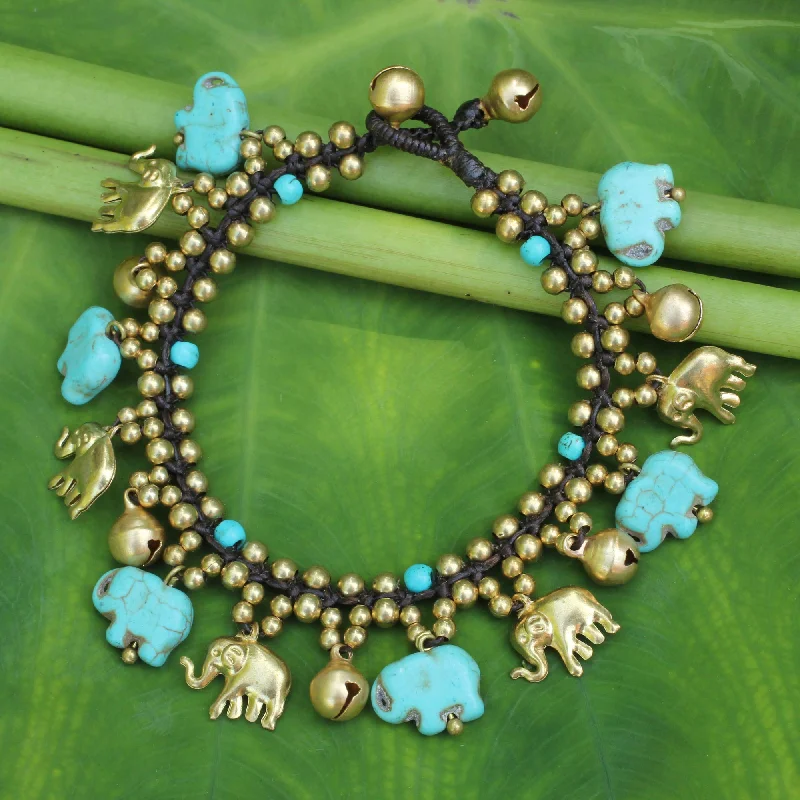 custom bangles for women -Elephant World Blue Calcite Brass Beaded Bracelet