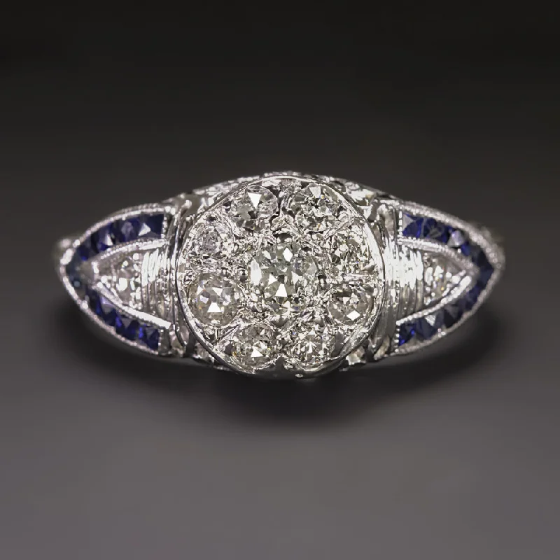 women’s diamond cocktail rings -ART DECO DIAMOND SAPPHIRE COCKTAIL RING VINTAGE 14k WHITE GOLD NATURAL CLUSTER