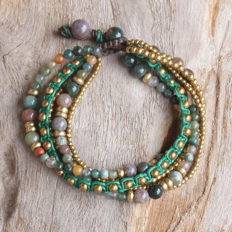 casual bracelets for women -Summer Earth Brass and Agate Multi-Strand Beaded Bracelet from Thailand