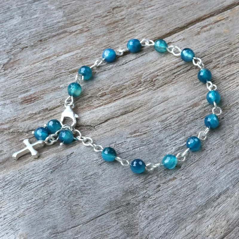 women’s bracelet with charms -Watery Cross Blue Agate and Sterling Silver Cross Bracelet from Thailand