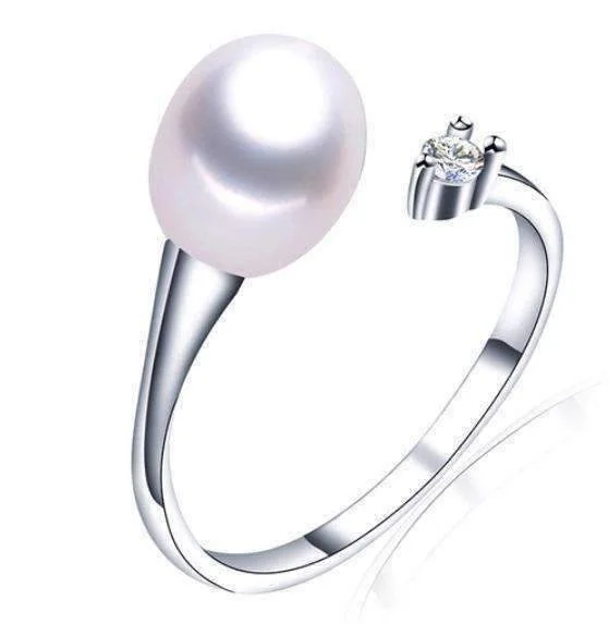 women’s art deco necklaces -Pure White Genuine Freshwater Pearl & CZ Adjustable Bypass Ring