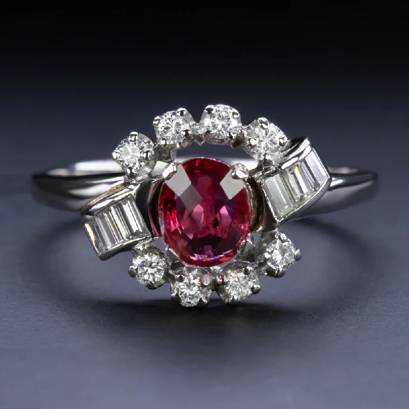 women’s engraved wedding rings -VINTAGE RUBY DIAMOND COCKTAIL RING PLATINUM OVAL SHAPE HALO NATURAL ESTATE 1.5ct