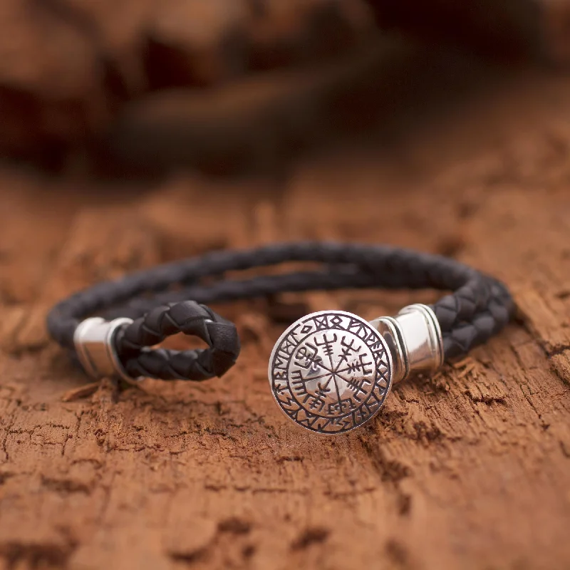 women’s friendship bangles -Runic Compass Men's Sterling Silver and Leather Bracelet from Bali