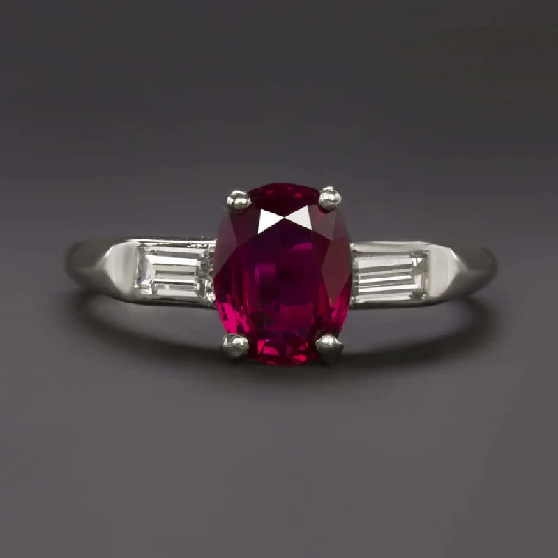 wedding rings with diamonds -1.55ct RUBY DIAMOND VINTAGE RING PLATINUM OVAL SHAPE 3 STONE NATURAL ESTATE RED