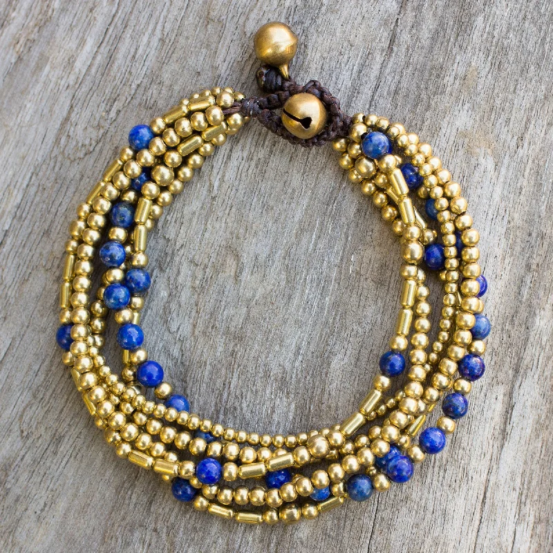 vintage bangles for women -Blue Freedom Lapis Lazuli Brass Beaded Bracelet