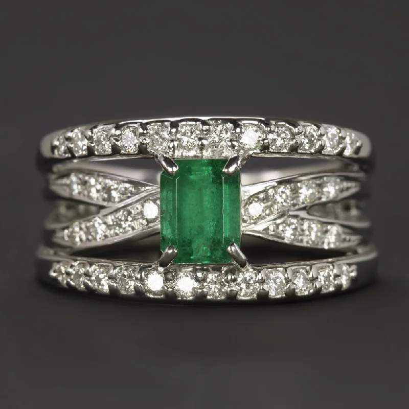 women’s eternity bands -COLOMBIAN EMERALD DIAMOND COCKTAIL RING PLATINUM WIDE BAND CRISS CROSS NATURAL