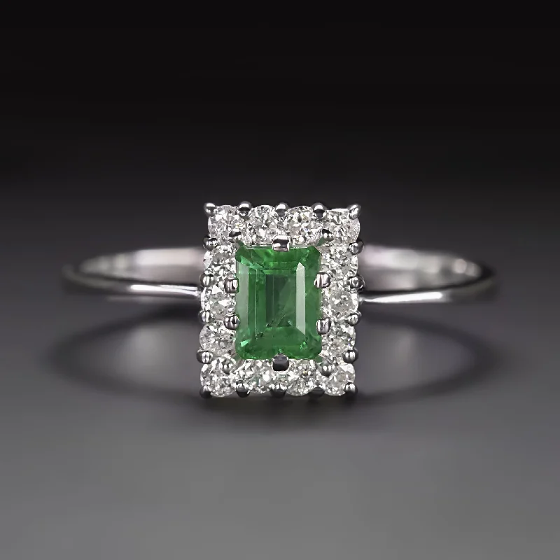 women’s pink diamond rings -EMERALD DIAMOND HALO COCKTAIL RING 18k WHITE GOLD NATURAL RECTANGLE STEP CUT