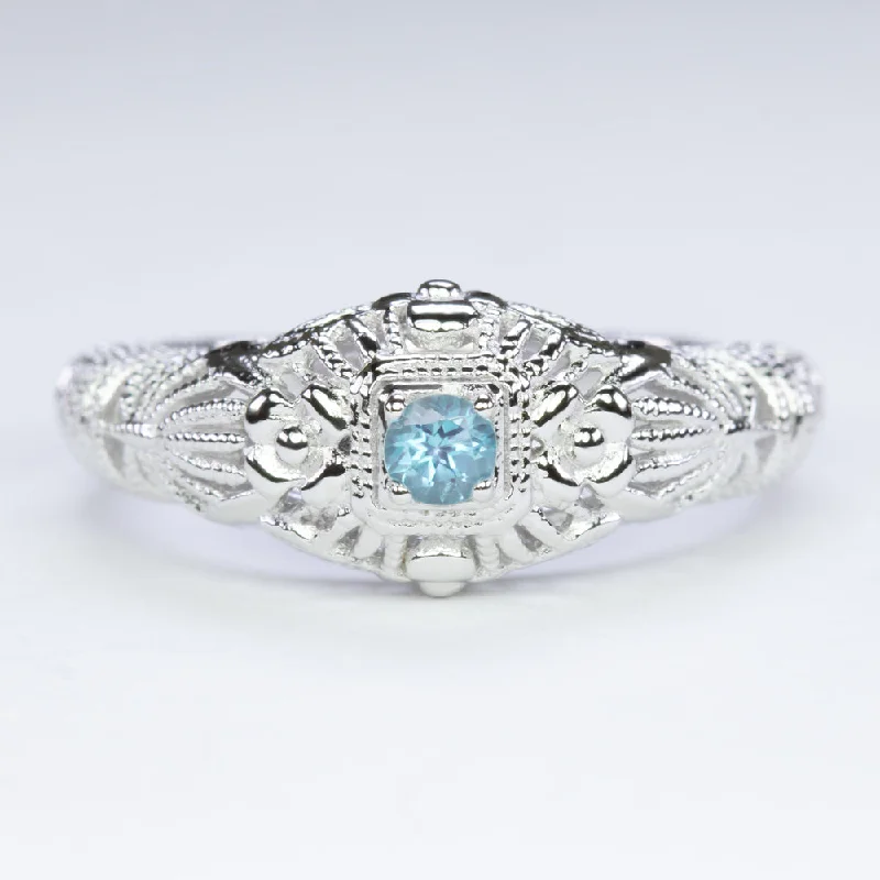 women’s birthstone rings -SWISS BLUE TOPAZ VINTAGE STYLE COCKTAIL RING STERLING SILVER FILIGREE DAINTY