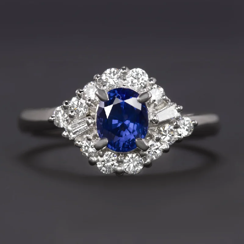 wedding rings with diamonds -1.20ct SAPPHIRE DIAMOND COCKTAIL RING PLATINUM HALO CLUSTER NATURAL OVAL SHAPE